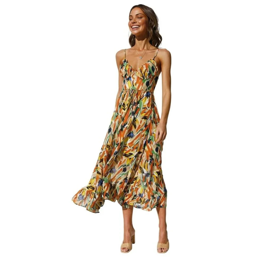 NWT Commense Multi Color Midi Dress W/ Adj. Spaghetti Straps~Ruffled Hem~Medium - Picture 1 of 8